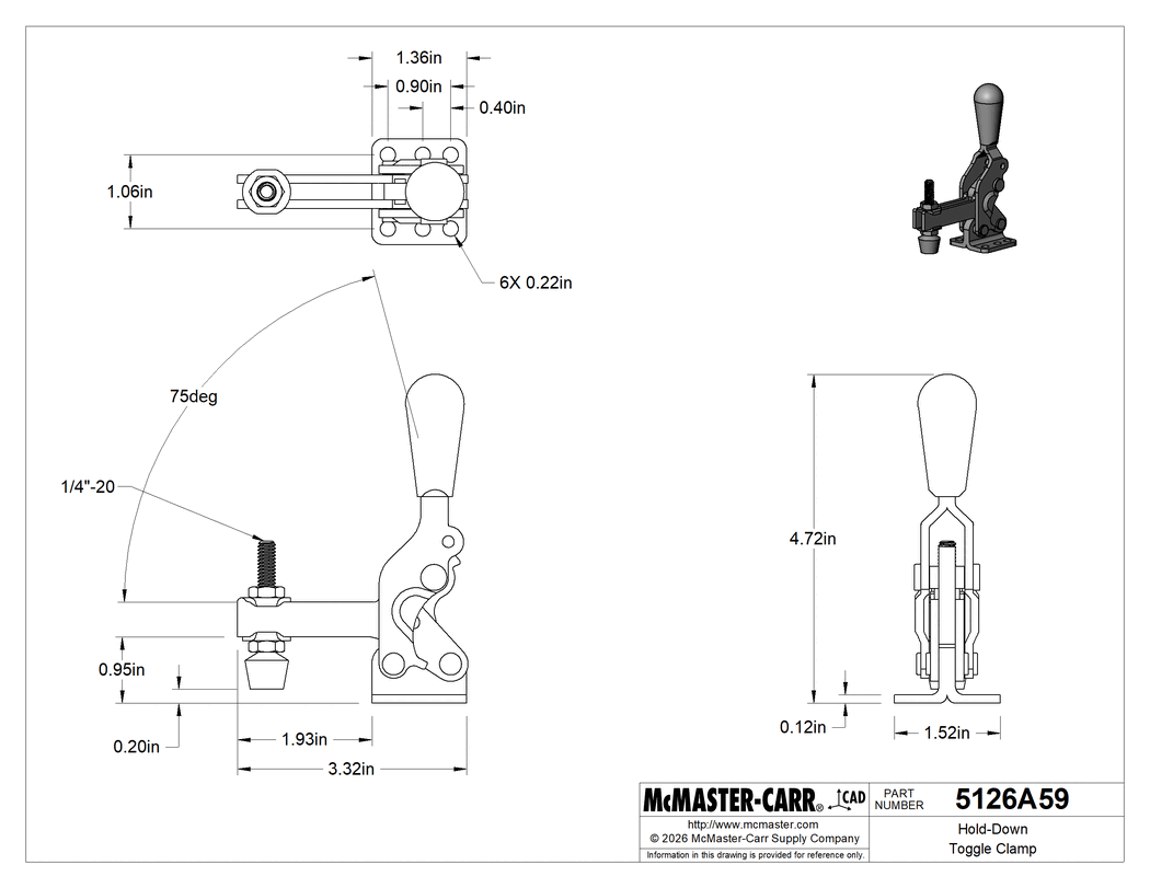Technical Drawing of Hold-Down Toggle Clamp, Open Arm, Steel, 600 lbs. Holding Capacity, 3-3/8" Overall Length .